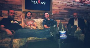 Parte de los participantes de Pilarock: Andrés Gracia de Back Ice; Chema Montañés de El Silencio de Los Héroes; Ramón Baratto, jefe de producción; y Miguel Ángel Bernal de Stop Accidentes.