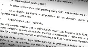 Parte del manifiesto por la reforma de la SGAE que han firmado 139 músicos, de ellos cinco aragoneses