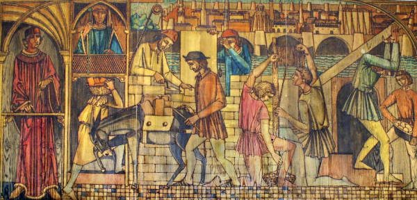 El gran mural 'Construcción de la Ciudad', de José Aznar Ibáñez, se encuentra en el hall del Ayuntamiento de Zaragoza.